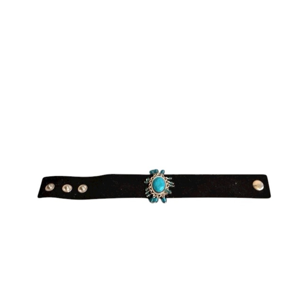 Vintage Black Suede Leather Bracelet Strap with Faux Turquoise Stone